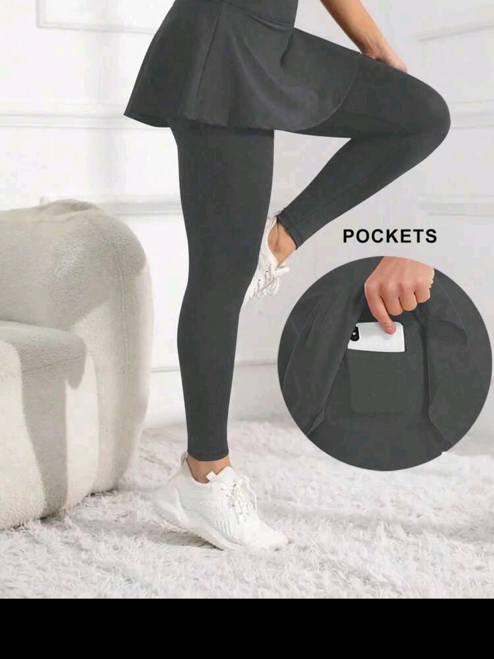 High-Waist Charcoal Gray Active Leggings with Skirt and Pockets